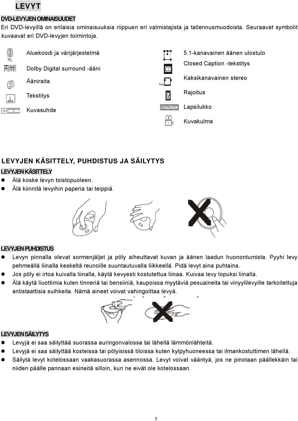 1-kanavainen äänen ulostulo Closed Caption -tekstitys Kaksikanavainen stereo Rajoitus Lapsilukko Kuvakulma LEVYJEN KÄSITTELY, PUHDISTUS JA SÄILYTYS LEVYJEN KÄSITTELY Älä koske levyn toistopuoleen.