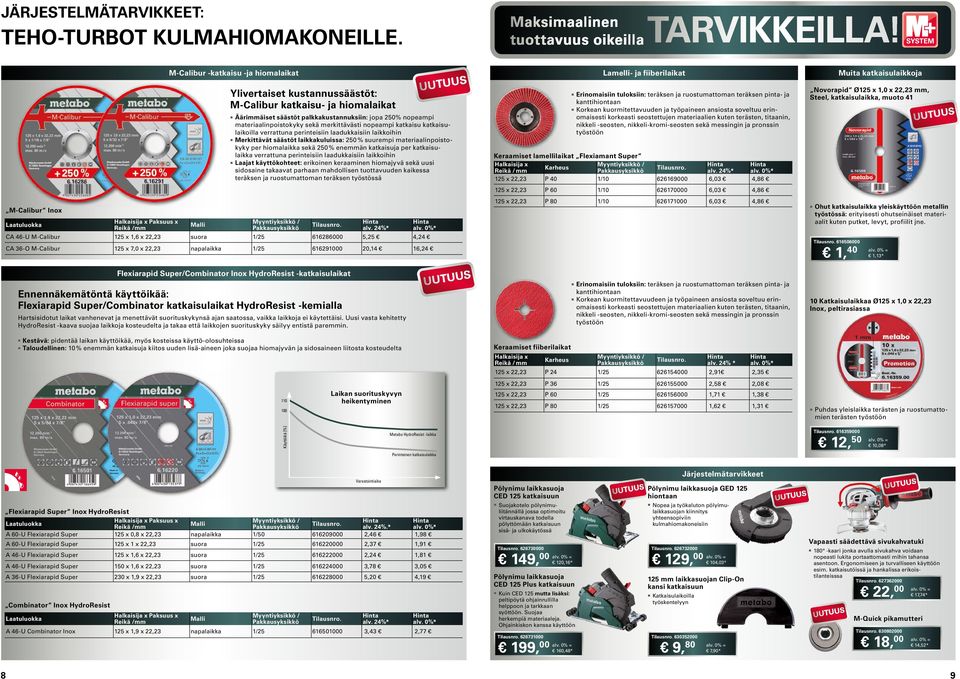 palkkakustauksiin: jopa 250% nopeampi materiaalinpoistokyky sekä merkittävästi nopeampi katkaisu katkaisulaikoilla verrattuna perinteisiin laadukkaisiin laikkoihin n Merkittävät säästöt