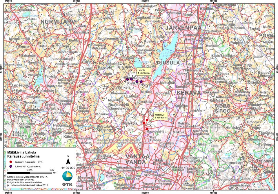 GTK_kairaukset 0 3.25 6.5 km 1:100 000 Karttatuloste & Maaperäkartta GTK.