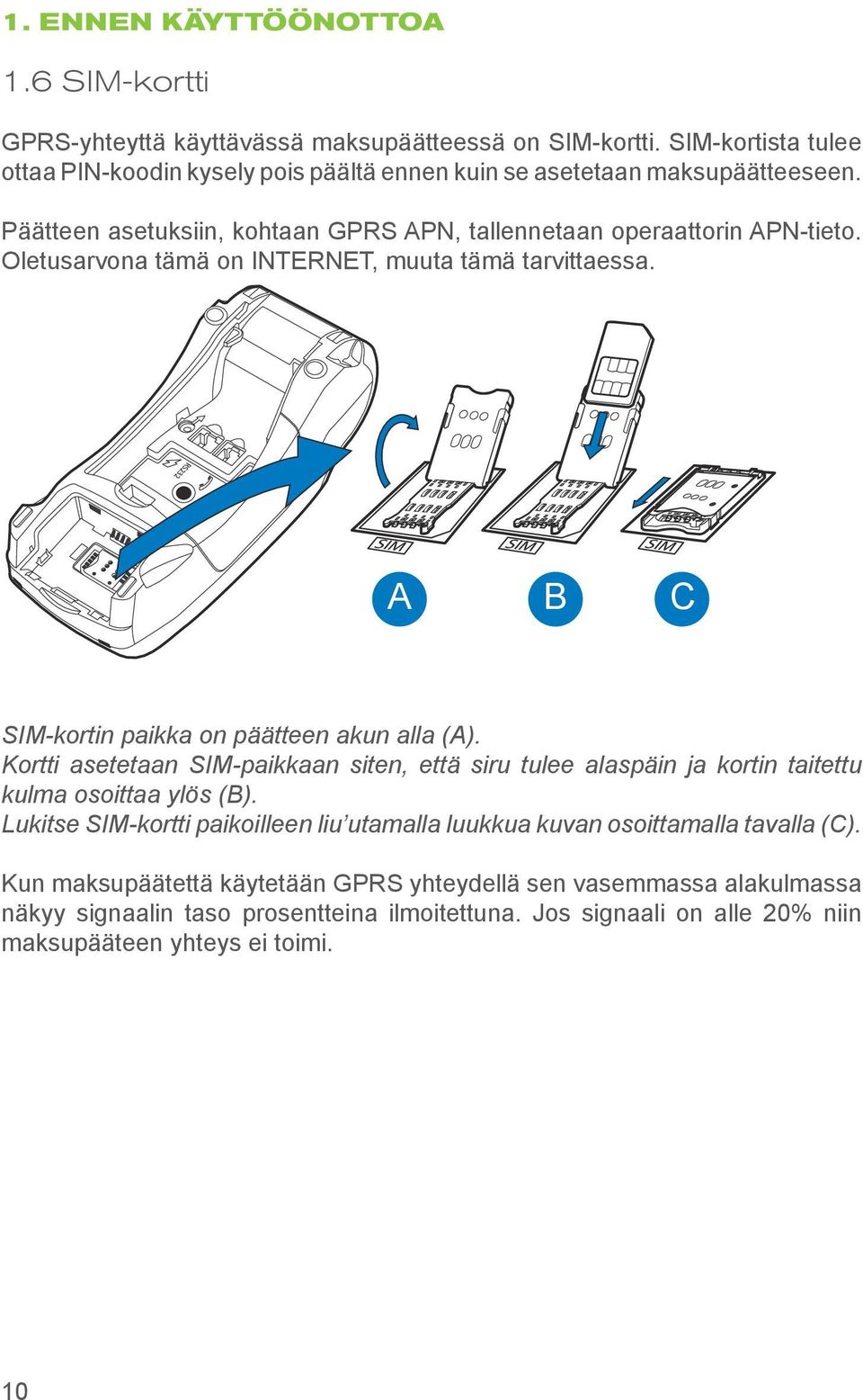 Oletusarvona tämä on INTERNET, muuta tämä tarvittaessa. A B C SIM-kortin paikka on päätteen akun alla (A).