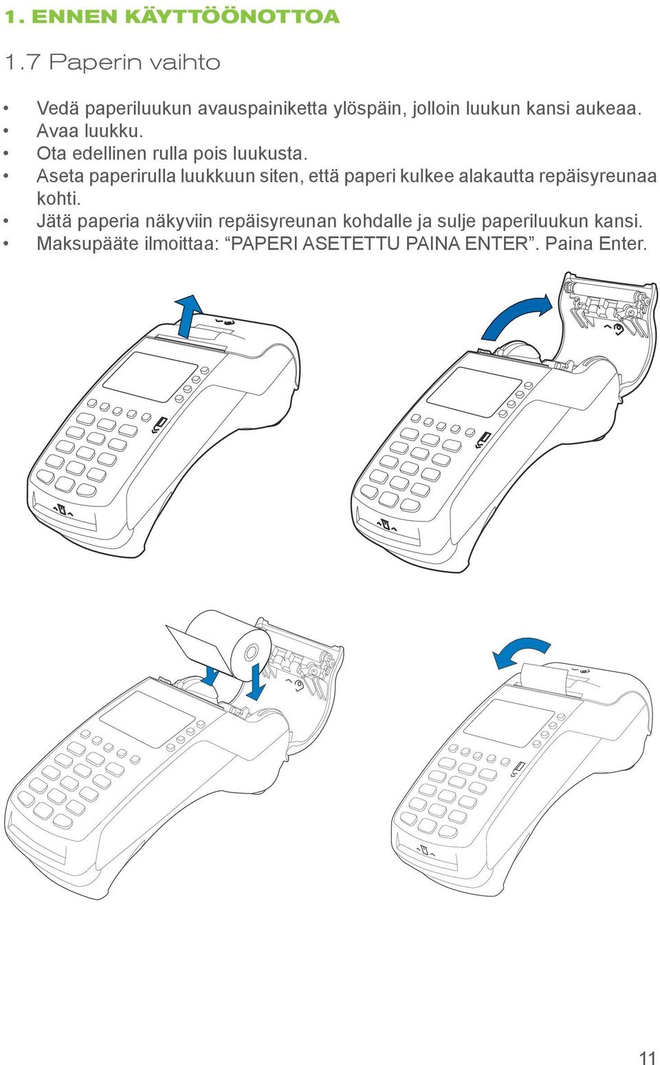 Avaa luukku. Ota edellinen rulla pois luukusta.