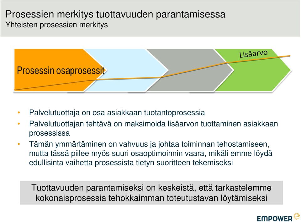 johtaa toiminnan tehostamiseen, mutta tässä piilee myös suuri osaoptimoinnin vaara, mikäli emme löydä edullisinta vaihetta prosessista