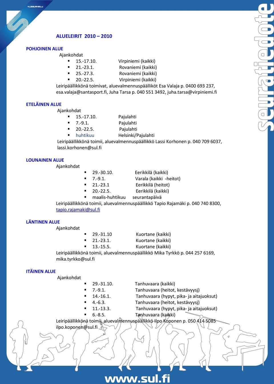 040 709 6037, lassi.korhonen@sul.fi LOUNAINEN ALUE Ajankohdat 29.-30.10. Eerikkilä (kaikki) 7.-9.1. Varala (kaikki -heitot) 21.-23.1 Eerikkilä (heitot) 20.-22.5.