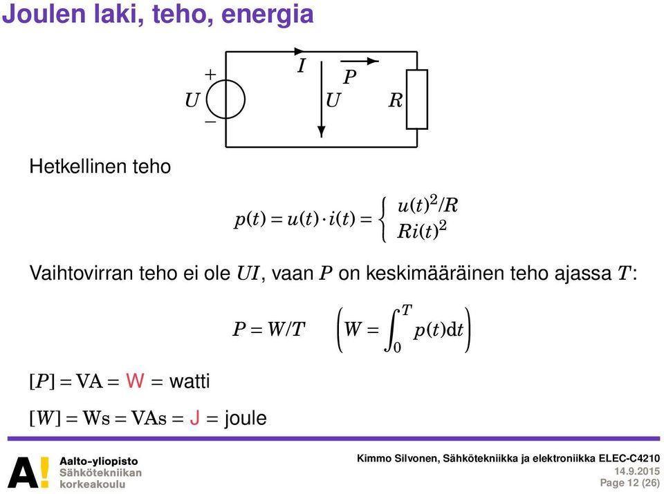 vaan P on keskimääräinen teho ajassa T: [P] = VA = W = watti