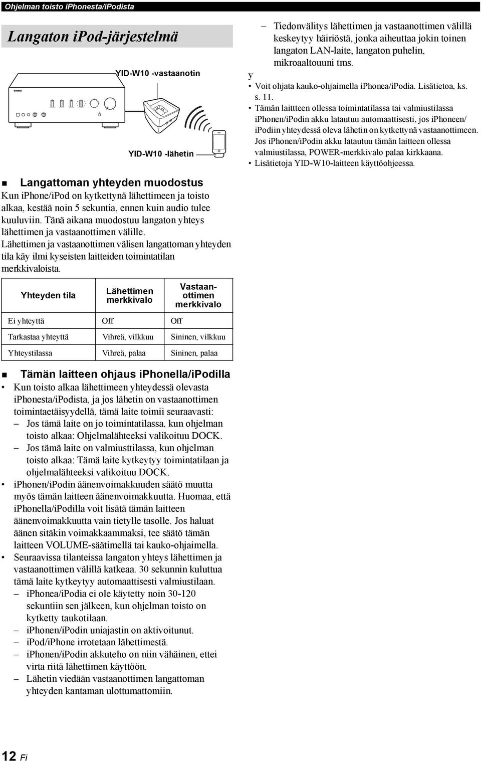 Tämän laittteen ollessa toimintatilassa tai valmiustilassa iphonen/ipodin akku latautuu automaattisesti, jos iphoneen/ ipodiin yhteydessä oleva lähetin on kytkettynä vastaanottimeen.