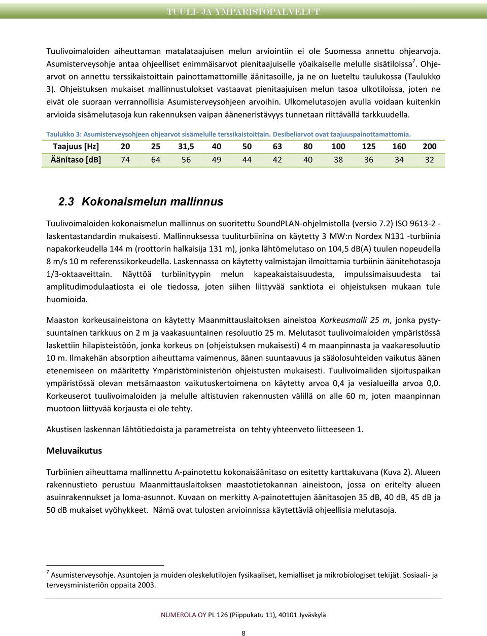 Ohjearvot on annettu terssikaistoittain painottamattomille äänitasoille, ja ne on lueteltu taulukossa (Taulukko 3).