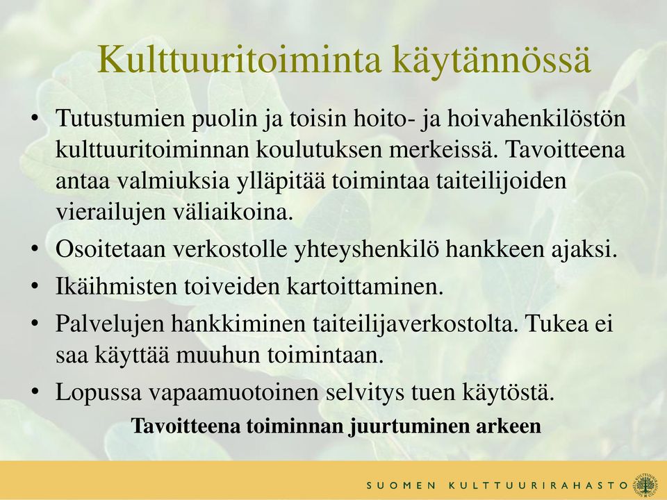 Osoitetaan verkostolle yhteyshenkilö hankkeen ajaksi. Ikäihmisten toiveiden kartoittaminen.