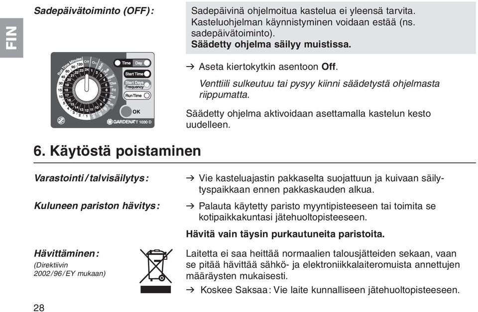 Käytöstä poistaminen Varastointi / talvisäilytys: Kuluneen pariston hävitys: Hävittäminen: (Direktiivin 2002/96/EY mukaan) 28 v Vie kasteluajastin pakkaselta suojattuun ja kuivaan säilytyspaikkaan