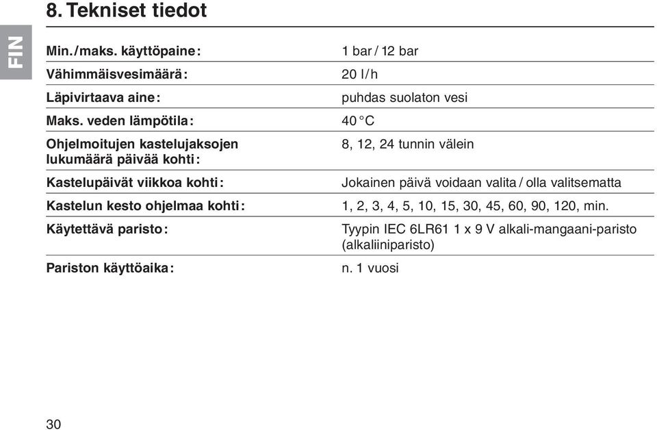 veden lämpötila: 40 C Ohjelmoitujen kastelujaksojen 8, 12, 24 tunnin välein lukumäärä päivää kohti: Kastelupäivät viikkoa kohti: