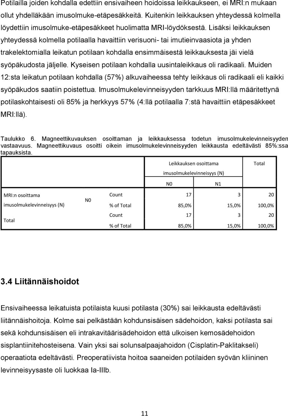 Lisäksi leikkauksen yhteydessä kolmella potilaalla havaittiin verisuoni- tai imutieinvaasiota ja yhden trakelektomialla leikatun potilaan kohdalla ensimmäisestä leikkauksesta jäi vielä syöpäkudosta