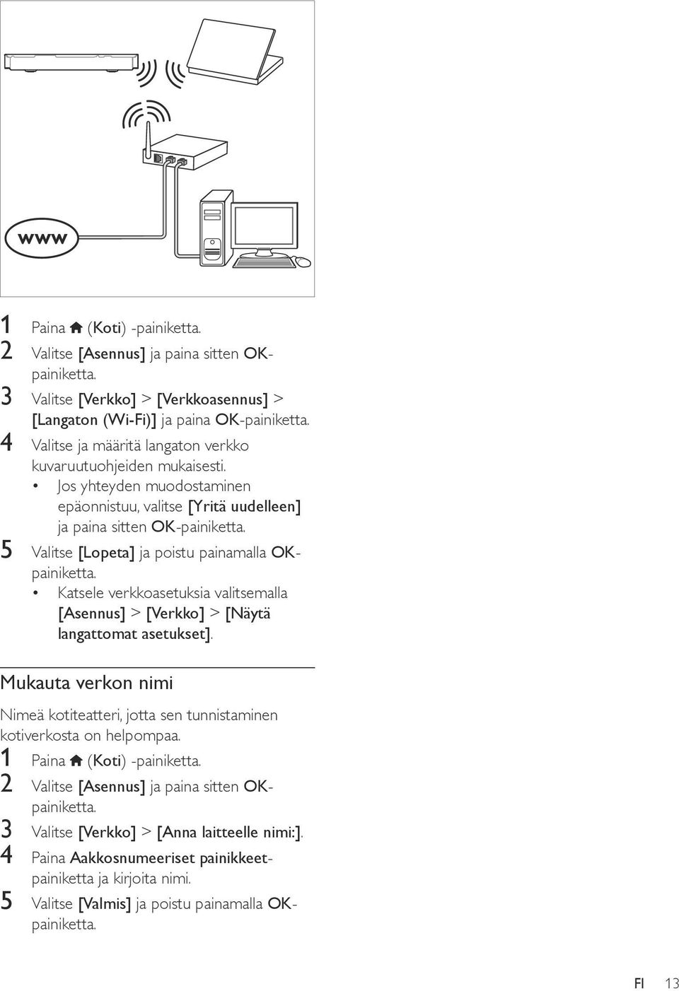 5 Valitse [Lopeta] ja poistu painamalla OKpainiketta. Katsele verkkoasetuksia valitsemalla [Asennus] > [Verkko] > [Näytä langattomat asetukset].