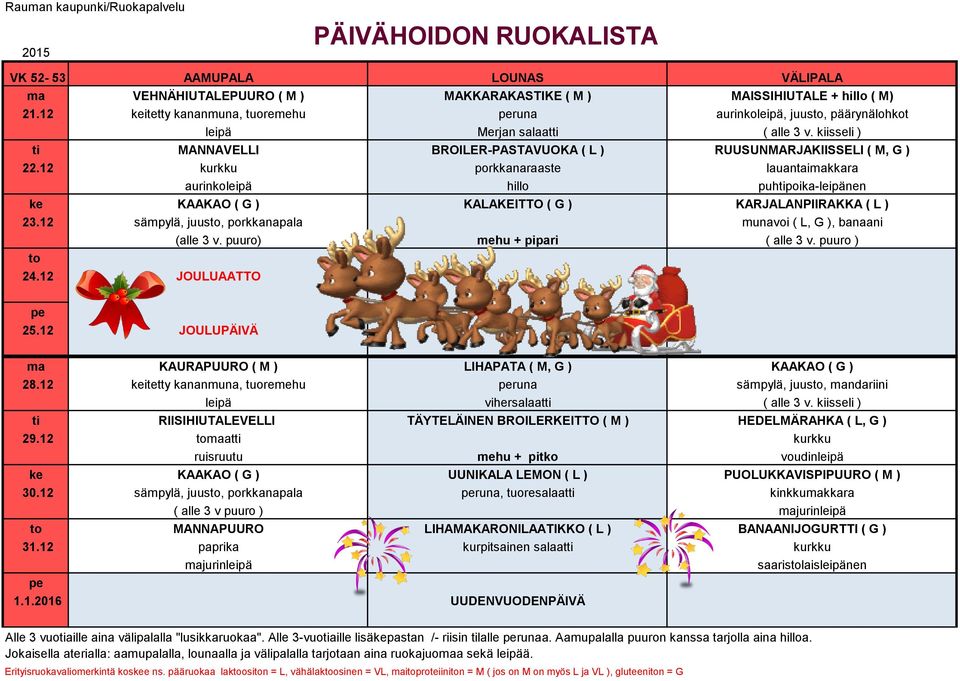 12 kurkku porkkanaraaste lauantaimakkara aurinkoleipä hillo puhtipoika-leipänen ke KAAKAO ( G ) KALAKEITTO ( G ) KARJALANPIIRAKKA ( L ) 23.