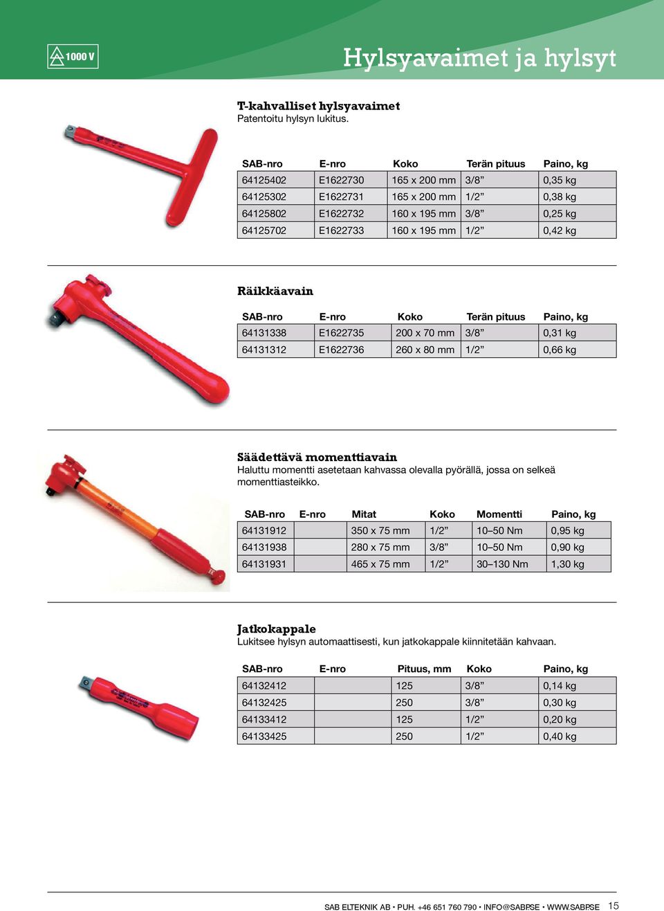 mm 1/2 0,42 kg Räikkäavain SAB-nro E-nro Koko Terän pituus Paino, kg 64131338 E1622735 200 x 70 mm 3/8 0,31 kg 64131312 E1622736 260 x 80 mm 1/2 0,66 kg Säädettävä momenttiavain Haluttu momentti