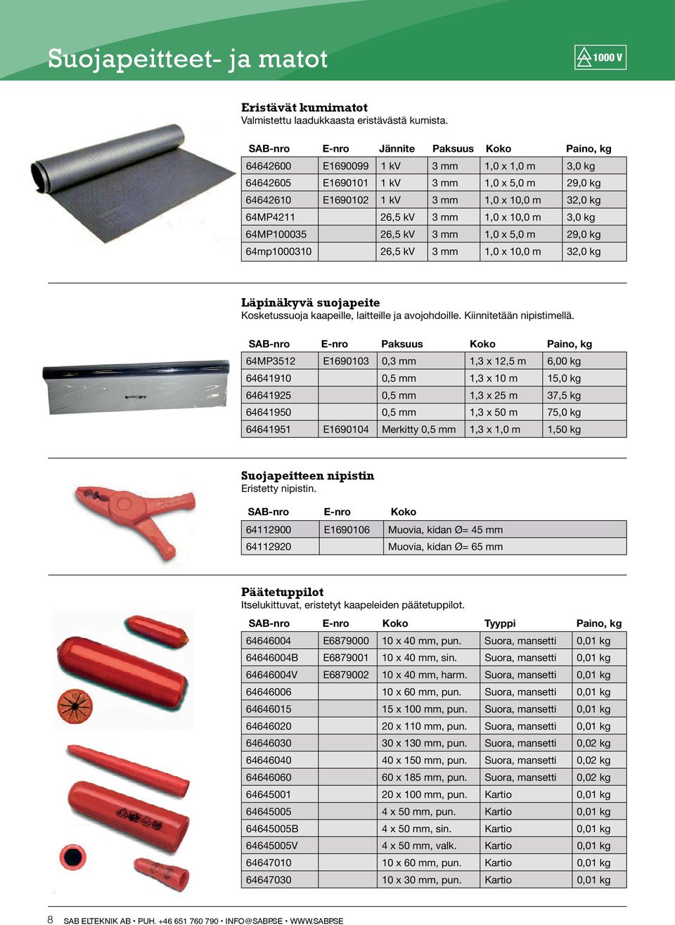 26,5 kv 3 mm 1,0 x 10,0 m 3,0 kg 64MP100035 26,5 kv 3 mm 1,0 x 5,0 m 29,0 kg 64mp1000310 26,5 kv 3 mm 1,0 x 10,0 m 32,0 kg Läpinäkyvä suojapeite Kosketussuoja kaapeille, laitteille ja avojohdoille.