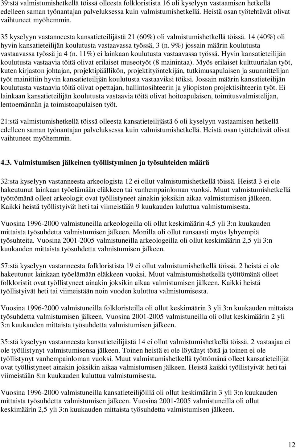 14 (40%) oli hyvin kansatieteilijän koulutusta vastaavassa työssä, 3 (n. 9%) jossain määrin koulutusta vastaavassa työssä ja 4 (n. 11%) ei lainkaan koulutusta vastaavassa työssä.