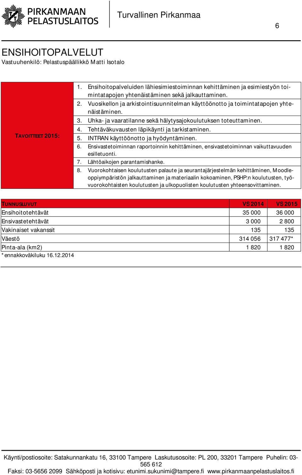 Tehtäväkuvausten läpikäynti ja tarkistaminen. 5. INTRAN käyttöönotto ja hyödyntäminen. 6. Ensivastetoiminnan raportoinnin kehittäminen, ensivastetoiminnan vaikuttavuuden esilletuonti. 7.