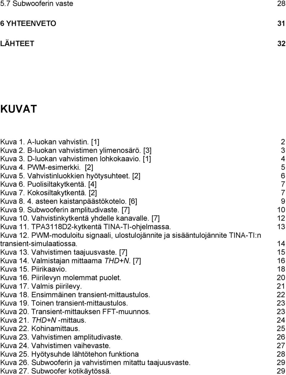 Subwooferin amplitudivaste. [7] 10 Kuva 10. Vahvistinkytkentä yhdelle kanavalle. [7] 12 Kuva 11. TPA3118D2-kytkentä TINA-TI-ohjelmassa. 13 Kuva 12.