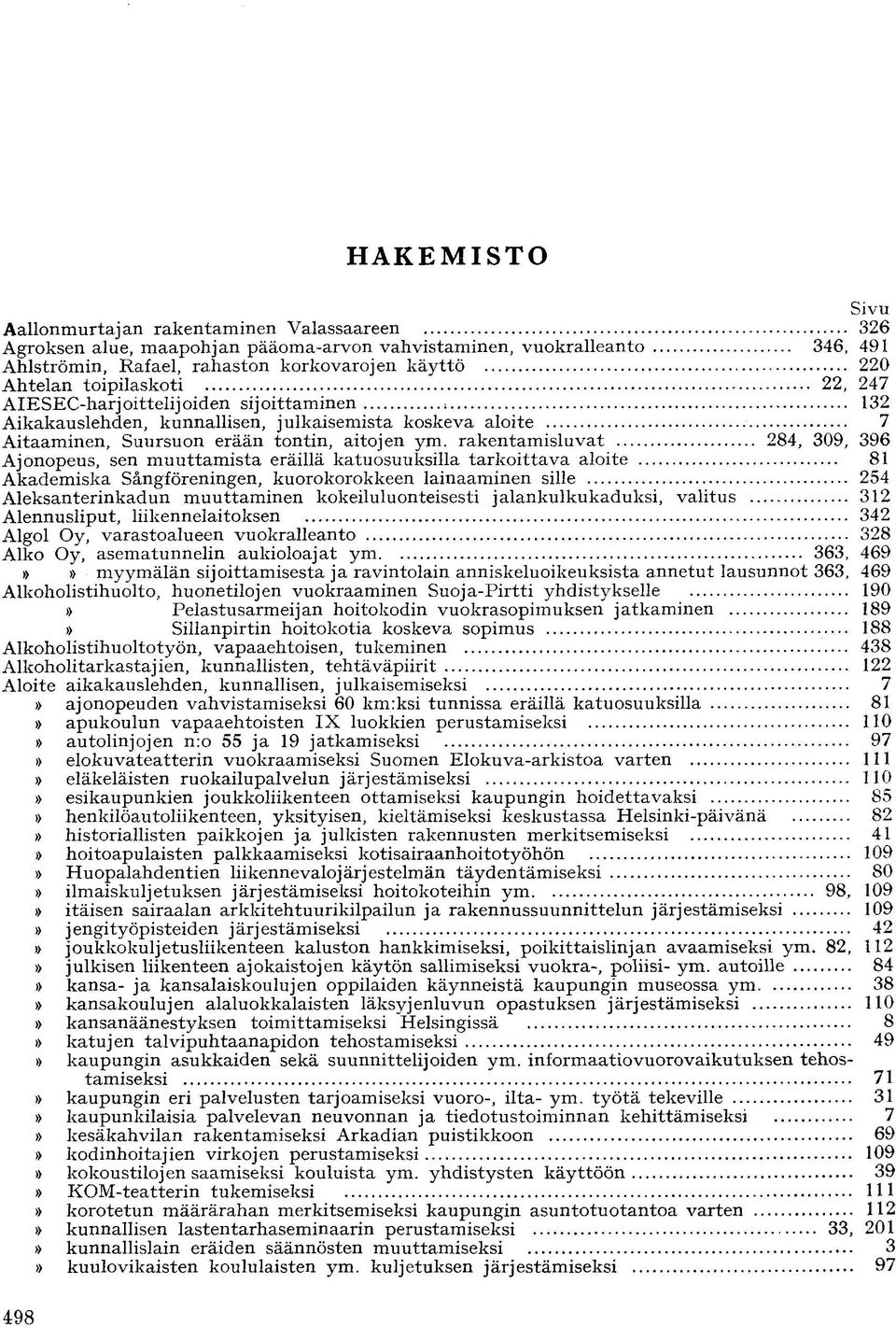 rakentamisluvat 284, 309, 396 Ajonopeus, sen muuttamista eräillä katuosuuksilla tarkoittava aloite 81 Akademiska Sångföreningen, kuorokorokkeen lainaaminen sille 254 Aleksanterinkadun muuttaminen