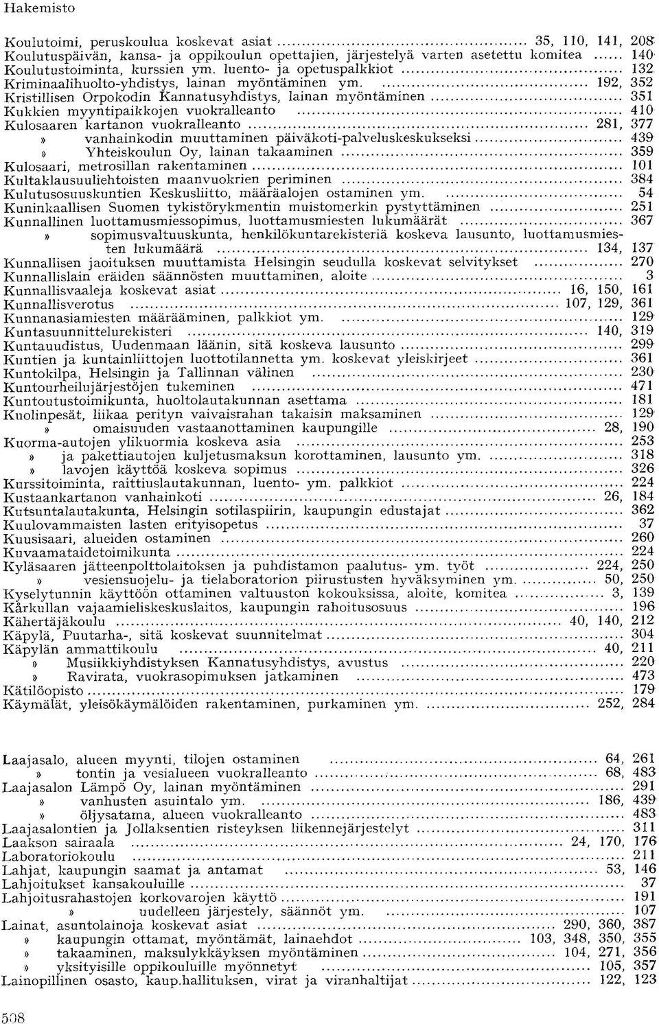 Kulosaaren kartanon vuokralleanto 281, 377» vanhainkodin muuttaminen päiväkoti-palveluskeskukseksi 439» Yhteiskoulun Oy, lainan takaaminen 359 Kulosaari, metrosillan rakentaminen 101