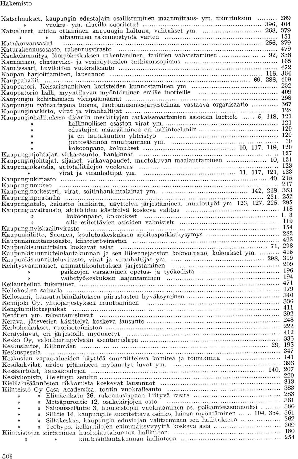 479 Kaukolämmitys, lämpökeskuksen rakentaminen, tariffien vahvistaminen 92, 336 Kauniainen, elintarvike- ja vesinäytteiden tutkimussopimus 165 Kaunissaari, huviloiden vuokralleanto 472 Kaupan