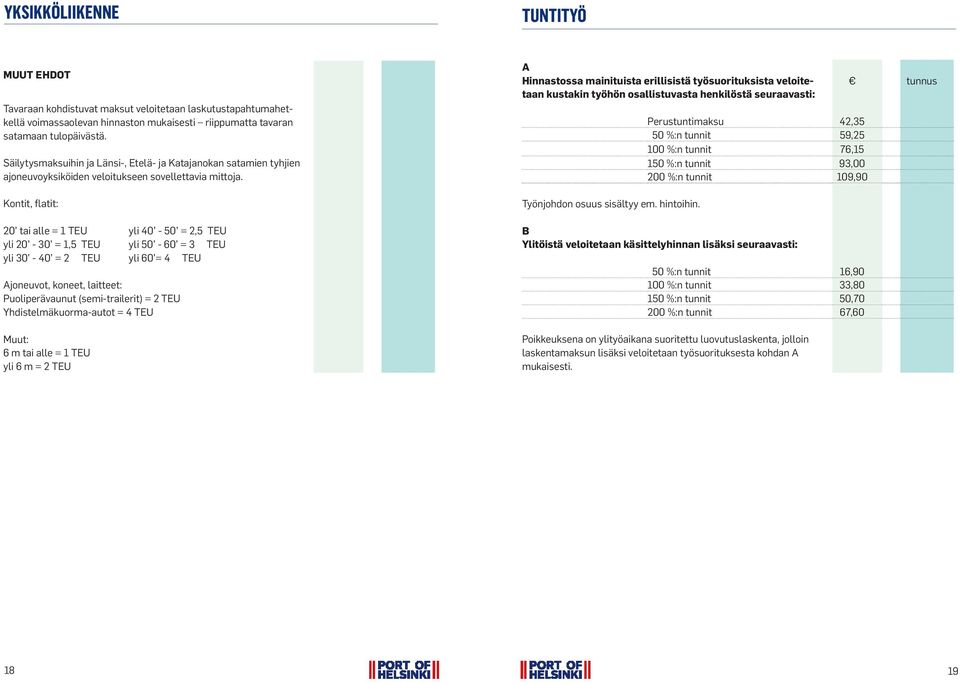 Kontit, flatit: 20 tai alle = 1 TEU yli 20-30 = 1,5 TEU yli 30-40 = 2 TEU yli 40-50 = 2,5 TEU yli 50-60 = 3 TEU yli 60 = 4 TEU Ajoneuvot, koneet, laitteet: Puoliperävaunut (semi-trailerit) = 2 TEU