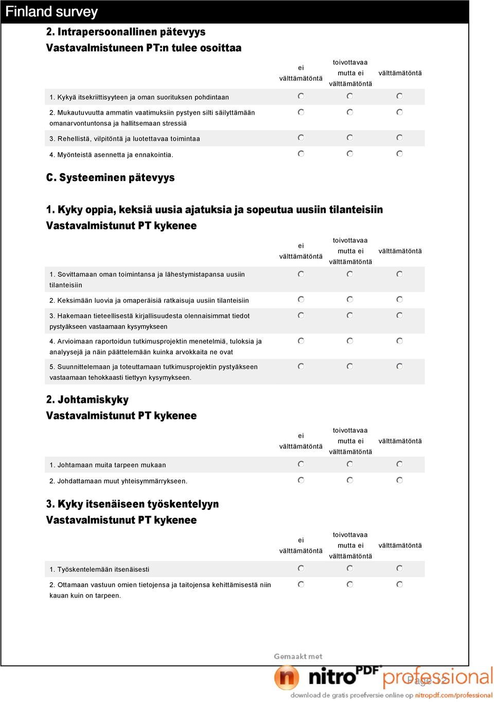 Systeeminen pätevyys 1. Kyky oppia, keksiä uusia ajatuksia ja sopeutua uusiin tilantsiin mutta 1. Sovittamaan oman toimintansa ja lähestymistapansa uusiin tilantsiin 2.