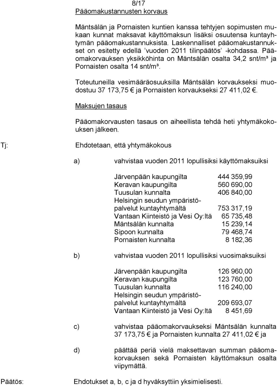 Toteutuneilla vesimääräosuuksilla Mäntsälän korvaukseksi muodostuu 37 173,75 ja Pornaisten korvaukseksi 27 411,02.