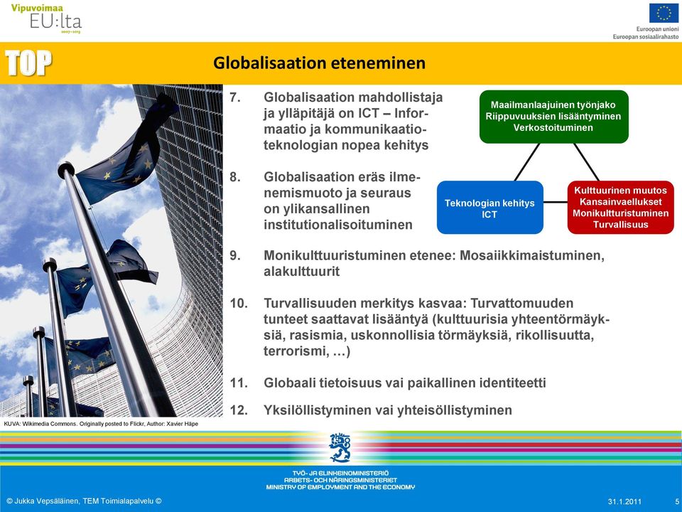 Globalisaation eräs ilmenemismuoto ja seuraus on ylikansallinen institutionalisoituminen Teknologian kehitys ICT Kulttuurinen muutos Kansainvaellukset Monikultturistuminen Turvallisuus 9.