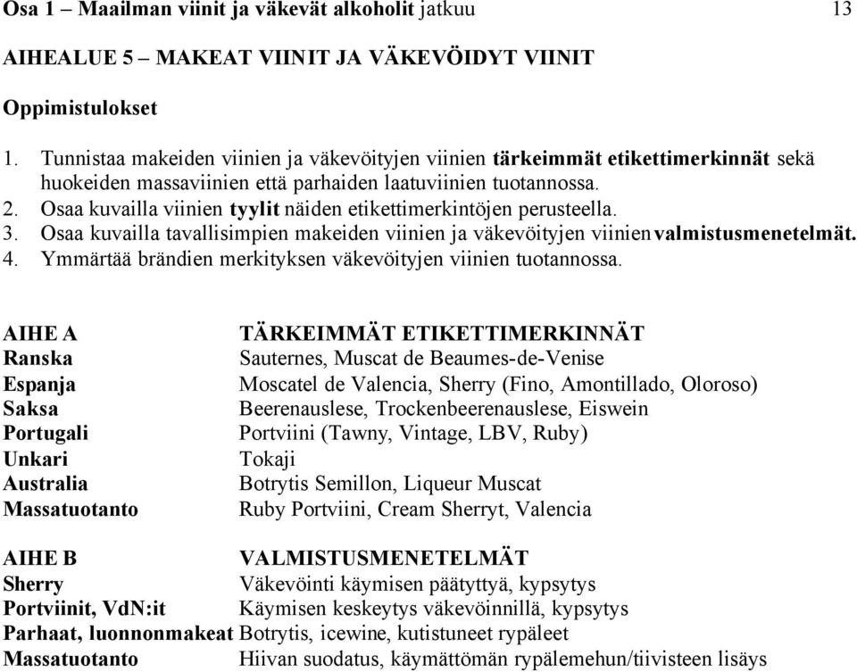 Osaa kuvailla viinien tyylit näiden etikettimerkintöjen perusteella. 3. Osaa kuvailla tavallisimpien makeiden viinien ja väkevöityjen viinien valmistusmenetelmät. 4.