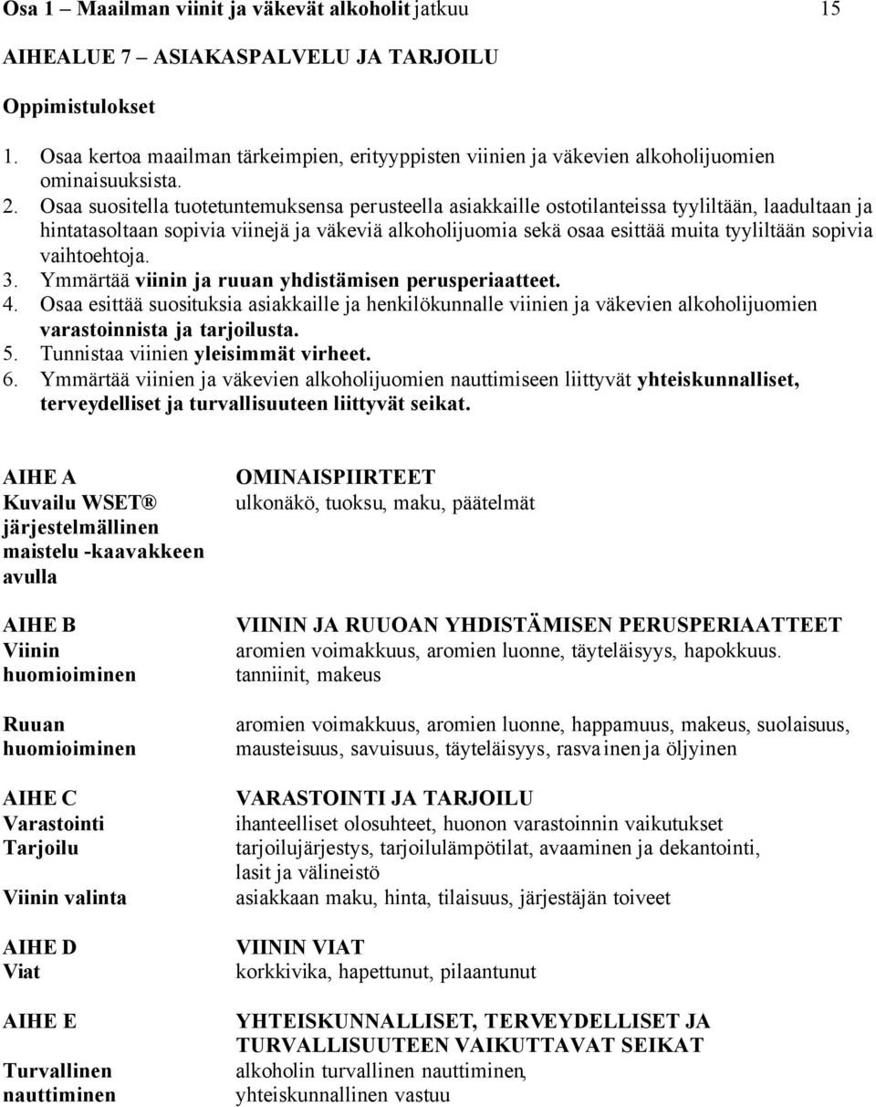 Osaa suositella tuotetuntemuksensa perusteella asiakkaille ostotilanteissa tyyliltään, laadultaan ja hintatasoltaan sopivia viinejä ja väkeviä alkoholijuomia sekä osaa esittää muita tyyliltään