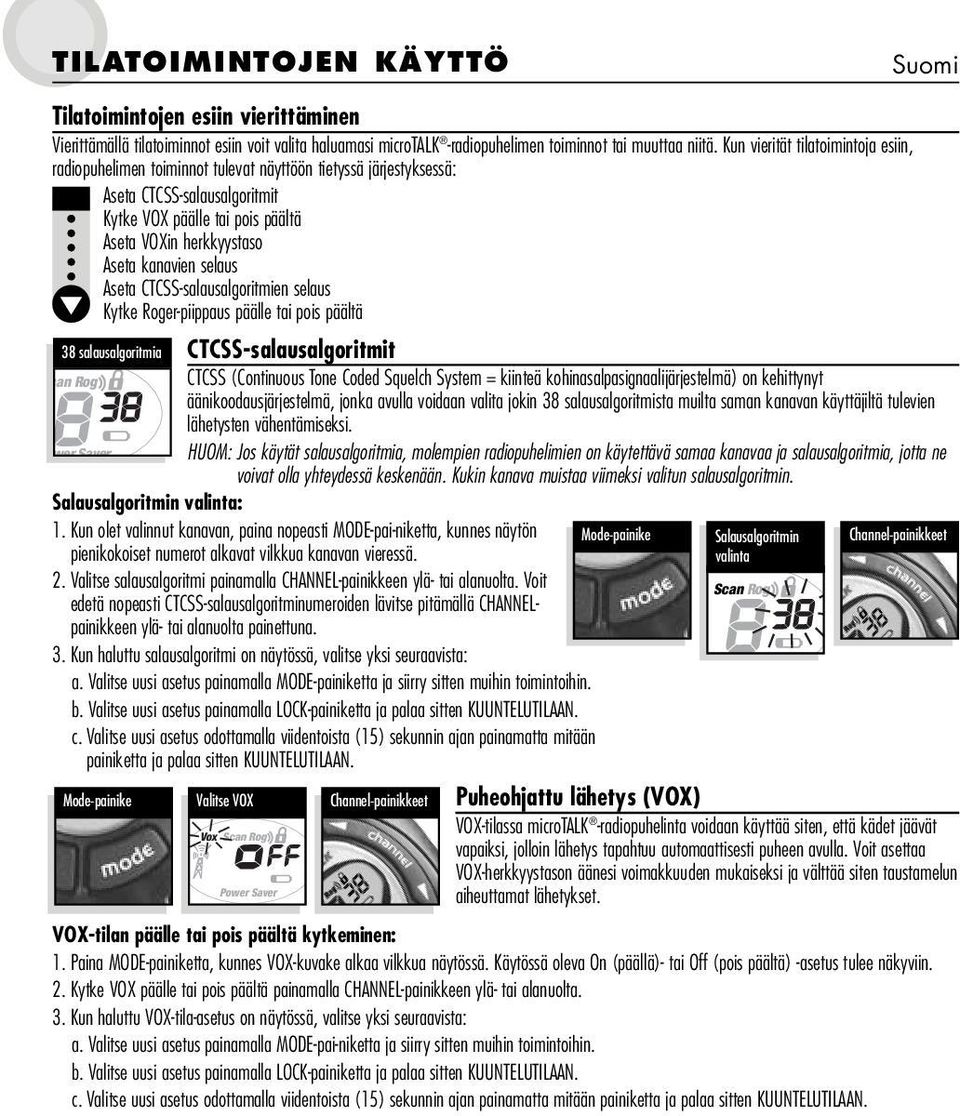 kanavien selaus Aseta CTCSS-salausalgoritmien selaus Kytke Roger-piippaus päälle tai pois päältä 38 salausalgoritmia CTCSS-salausalgoritmit can Rog CTCSS (Continuous Tone Coded Squelch System =