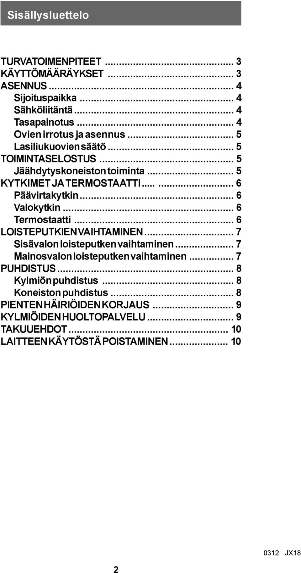 .. 6 Termostaatti... 6 LOISTEPUTKIEN VAIHTAMINEN... 7 Sisävalon loisteputken vaihtaminen... 7 Mainosvalon loisteputken vaihtaminen... 7 PUHDISTUS.