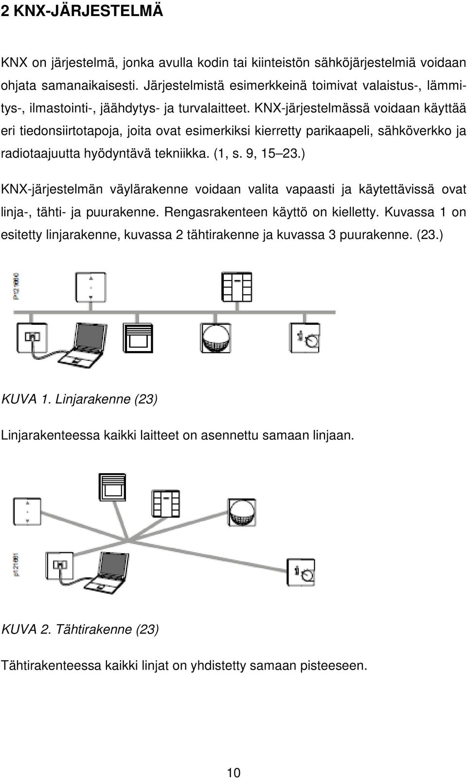 KNX-järjestelmässä voidaan käyttää eri tiedonsiirtotapoja, joita ovat esimerkiksi kierretty parikaapeli, sähköverkko ja radiotaajuutta hyödyntävä tekniikka. (1, s. 9, 15 23.