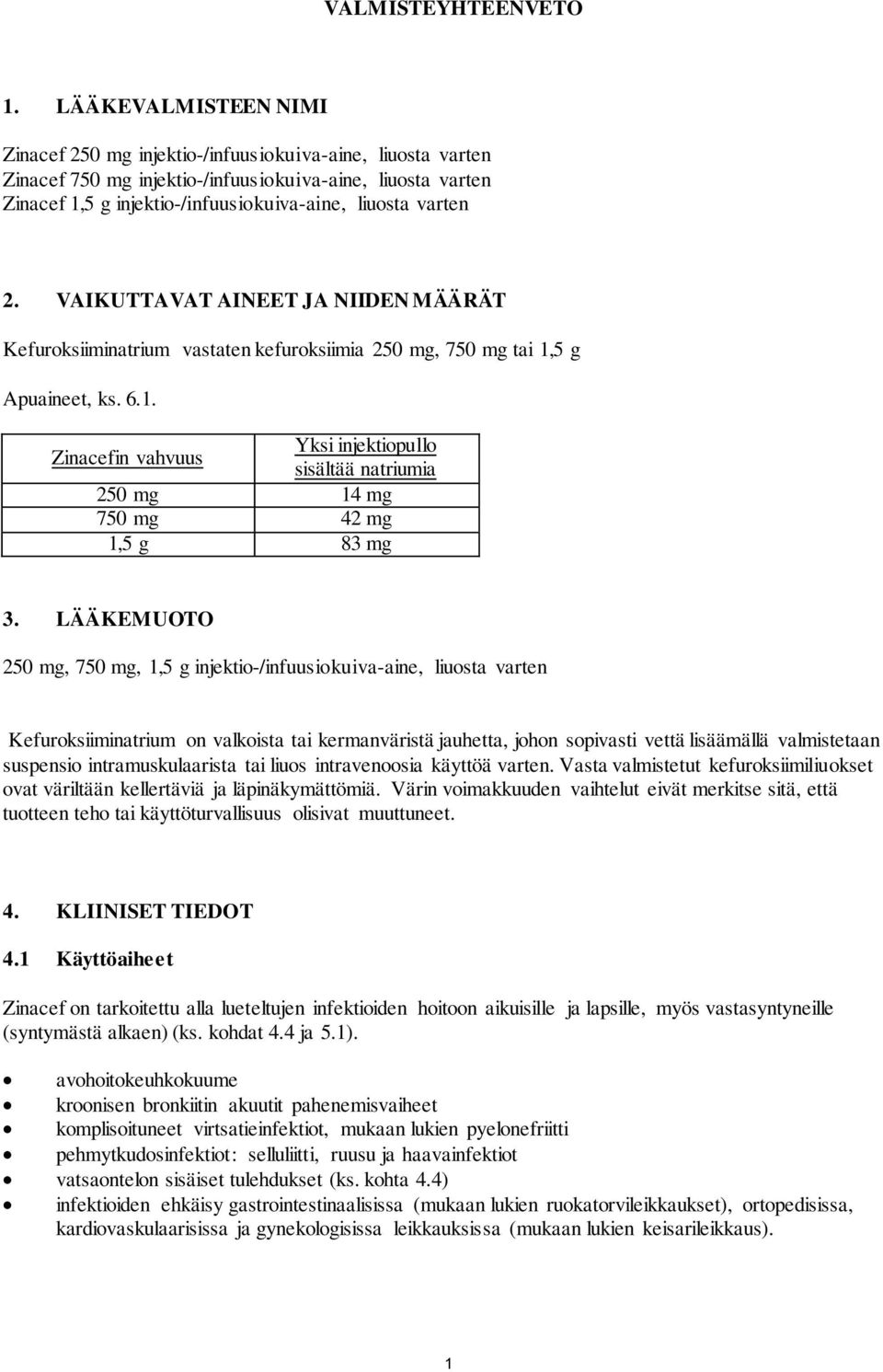 2. VAIKUTTAVAT AINEET JA NIIDEN MÄÄRÄT Kefuroksiiminatrium vastaten kefuroksiimia 250 mg, 750 mg tai 1,5 g Apuaineet, ks. 6.1. Zinacefin vahvuus Yksi injektiopullo sisältää natriumia 250 mg 14 mg 750 mg 42 mg 1,5 g 83 mg 3.