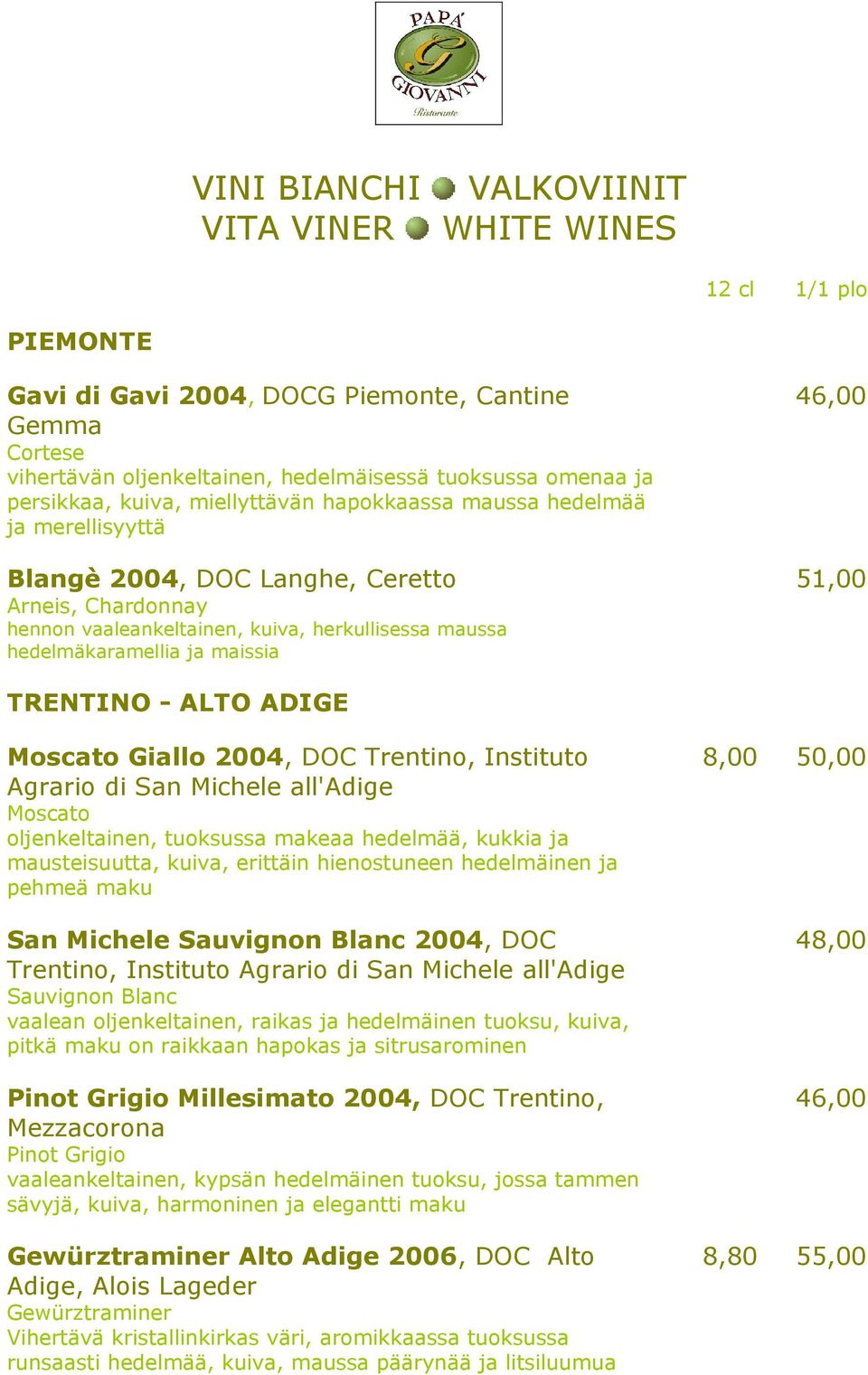 ja maissia TRENTINO - ALTO ADIGE Moscato Giallo 2004, DOC Trentino, Instituto Agrario di San Michele all'adige Moscato oljenkeltainen, tuoksussa makeaa hedelmää, kukkia ja mausteisuutta, kuiva,