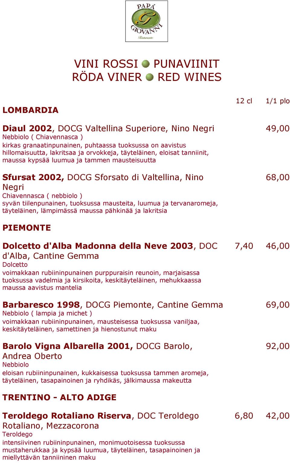 nebbiolo ) syvän tiilenpunainen, tuoksussa mausteita, luumua ja tervanaromeja, täyteläinen, lämpimässä maussa pähkinää ja lakritsia 68,00 PIEMONTE Dolcetto d'alba Madonna della Neve 2003, DOC d'alba,