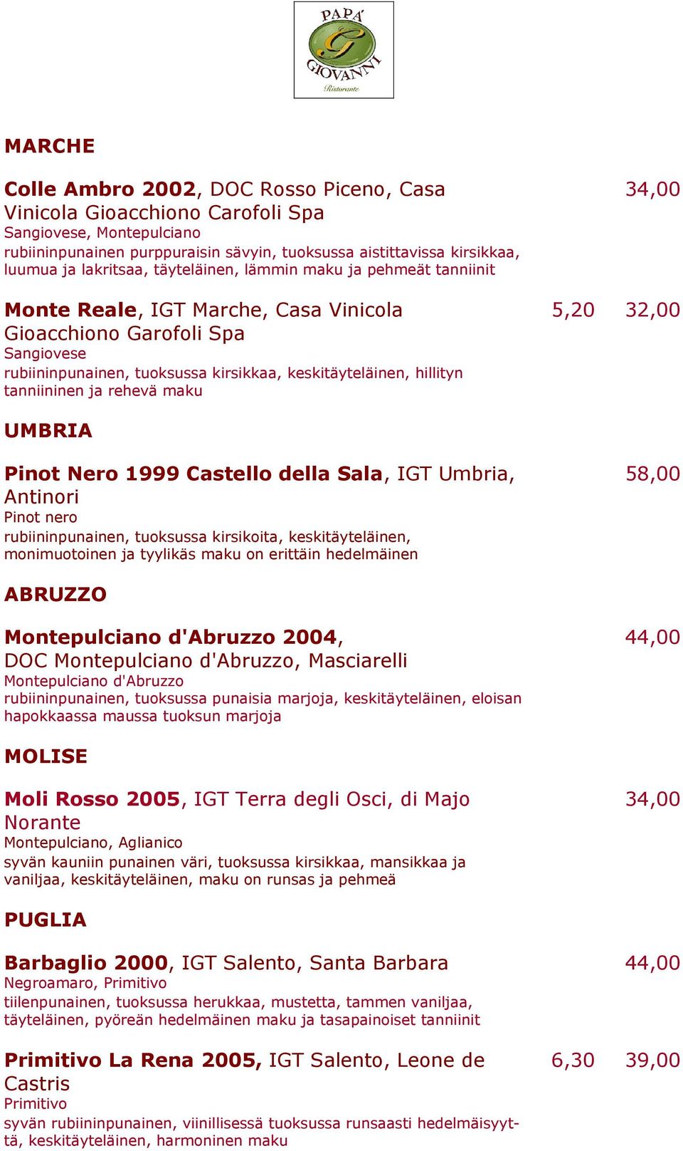 tanniininen ja rehevä maku 34,00 5,20 32,00 UMBRIA Pinot Nero 1999 Castello della Sala, IGT Umbria, Antinori Pinot nero rubiininpunainen, tuoksussa kirsikoita, keskitäyteläinen, monimuotoinen ja