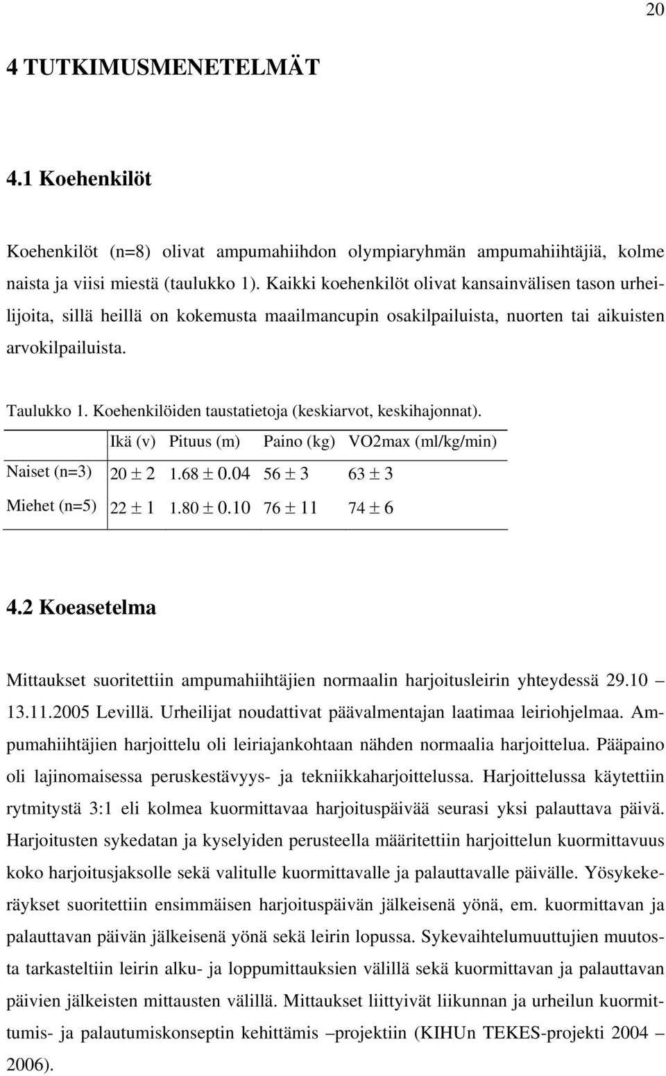 Koehenkilöiden taustatietoja (keskiarvot, keskihajonnat). Ikä (v) Pituus (m) Paino (kg) VO2max (ml/kg/min) Naiset (n=3) 20 ± 2 1.68 ± 0.04 56 ± 3 63 ± 3 Miehet (n=5) 22 ± 1 1.80 ± 0.