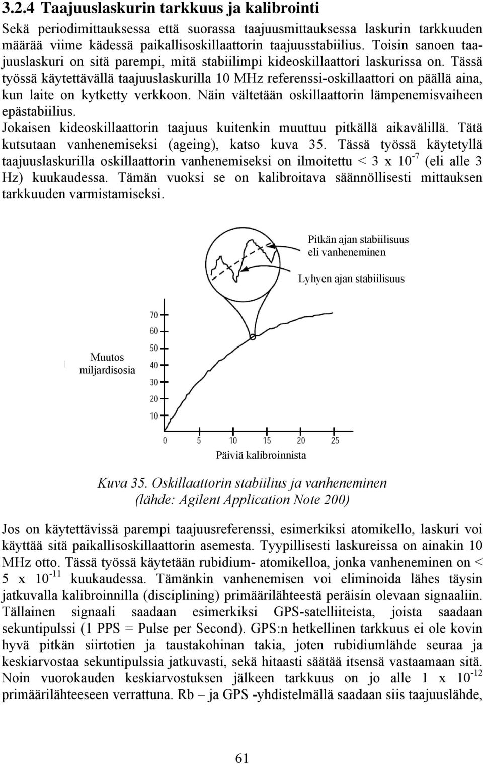 Tässä työssä käytettävällä taajuuslaskurilla 10 MHz referenssi-oskillaattori on päällä aina, kun laite on kytketty verkkoon. Näin vältetään oskillaattorin lämpenemisvaiheen epästabiilius.