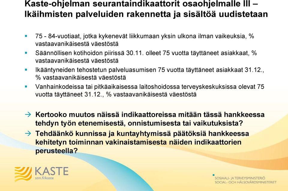 olleet 75 vuotta täyttäneet asiakkaat, % vastaavanikäisestä väestöstä Ikääntyneiden tehostetun palveluasumisen 75 vuotta täyttäneet asiakkaat 31.12.