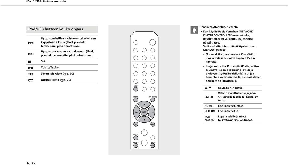 20) ipodin näyttötietueen valinta Kun käytät ipodia Yamahan NETWORK PLAYER CONTROLLER -sovelluksella, näyttötietueeksi valikoituu laajennettu näyttötietue.