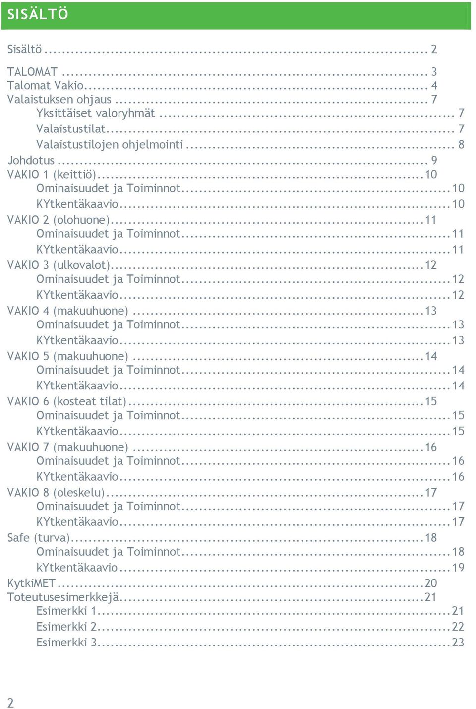 .. 12 KYtkentäkaavio... 12 VAKIO 4 (makuuhuone)... 13 Ominaisuudet ja Toiminnot... 13 KYtkentäkaavio... 13 VAKIO 5 (makuuhuone)... 14 Ominaisuudet ja Toiminnot... 14 KYtkentäkaavio.