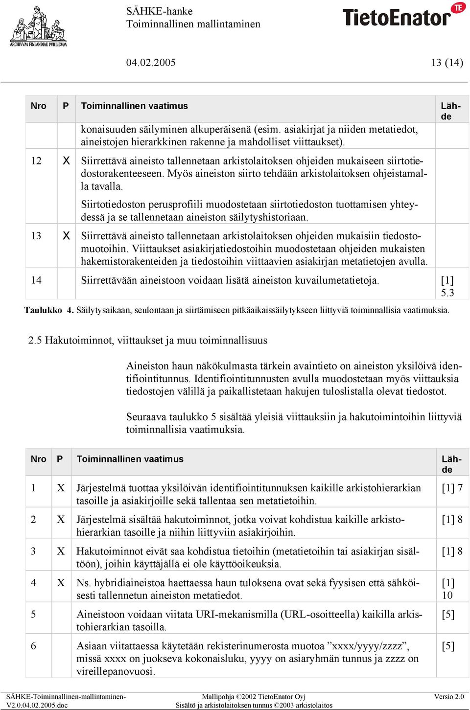 Siirtotiedoston perusprofiili muodostetaan siirtotiedoston tuottamisen yhteydessä ja se tallennetaan aineiston säilytyshistoriaan.