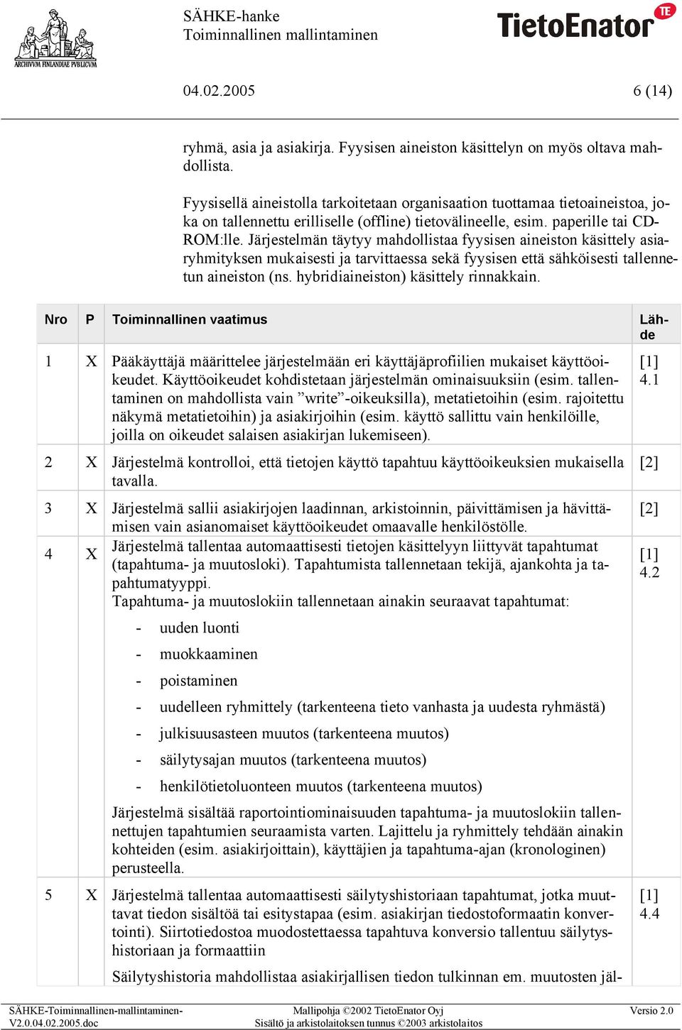 Järjestelmän täytyy mahdollistaa fyysisen aineiston käsittely asiaryhmityksen mukaisesti ja tarvittaessa sekä fyysisen että sähköisesti tallennetun aineiston (ns.