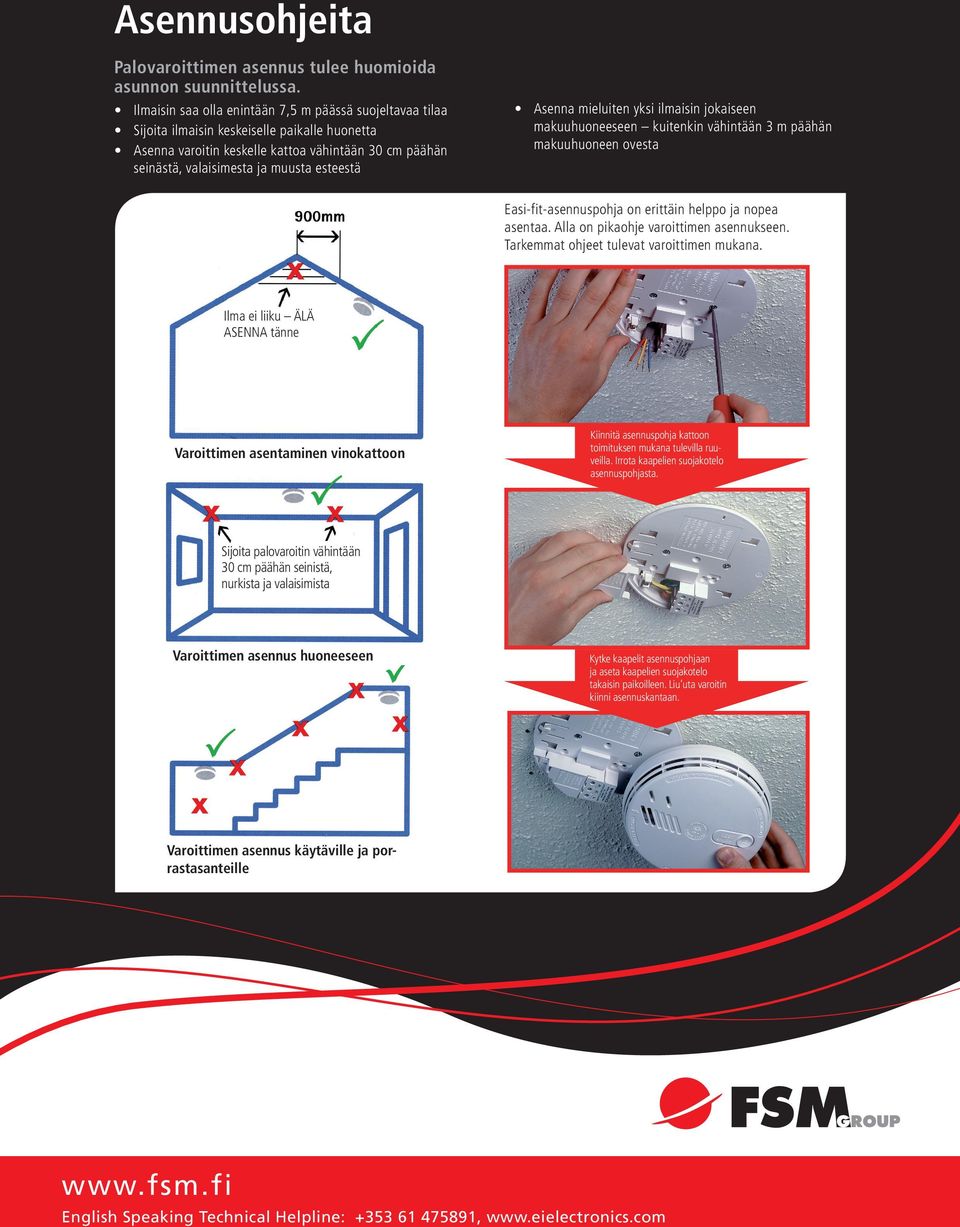 esteestä Asenna mieluiten yksi ilmaisin jokaiseen makuuhuoneeseen kuitenkin vähintään 3 m päähän makuuhuoneen ovesta Easi-fit-asennuspohja on erittäin helppo ja nopea asentaa.