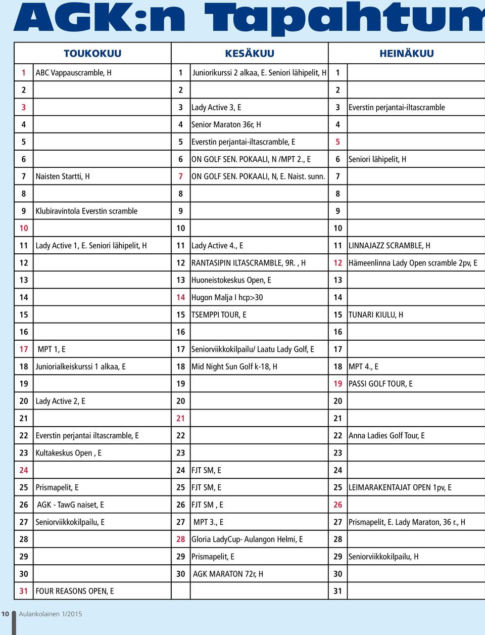 , E 6 Seniori lähipelit, H 7 Naisten Startti, H 7 ON GOLF SEN. POKAALI, N, E. Naist. sunn. 7 8 8 8 9 Klubiravintola Everstin scramble 9 9 10 10 10 11 Lady Active 1, E.