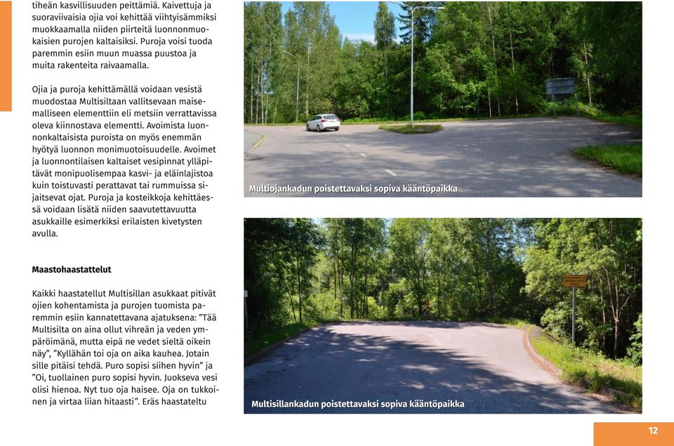 Ojia ja puroja kehittämällä voidaan vesistä muodostaa Multisiltaan vallitsevaan maisemalliseen elementtiin eli metsiin verrattavissa oleva kiinnostava elementti.
