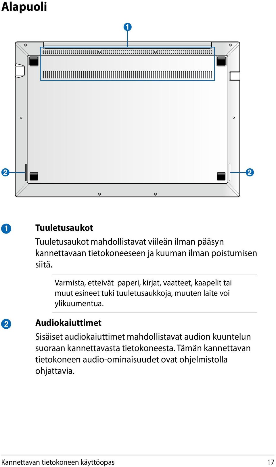 Varmista, etteivät paperi, kirjat, vaatteet, kaapelit tai muut esineet tuki tuuletusaukkoja, muuten laite voi ylikuumentua.