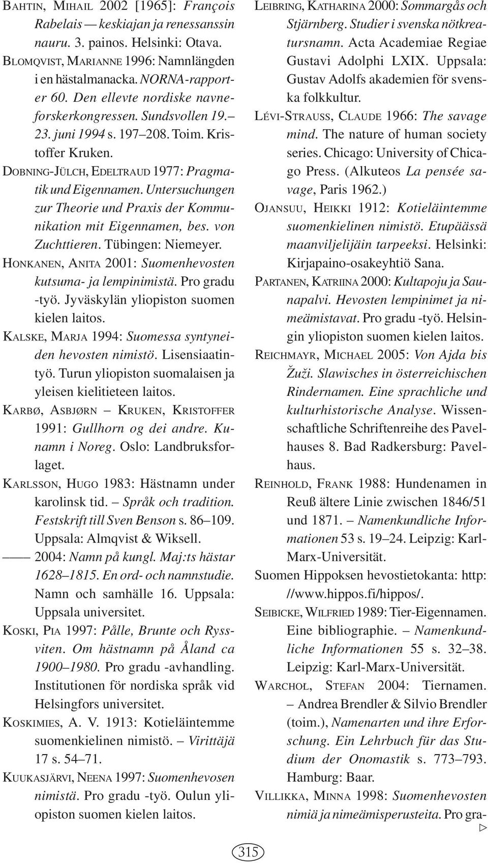 Untersuchungen zur Theorie und Praxis der Kommunikation mit Eigennamen, bes. von Zuchttieren. Tübingen: Niemeyer. HONKANEN, ANITA 2001: Suomenhevosten kutsuma- ja lempinimistä. Pro gradu -työ.