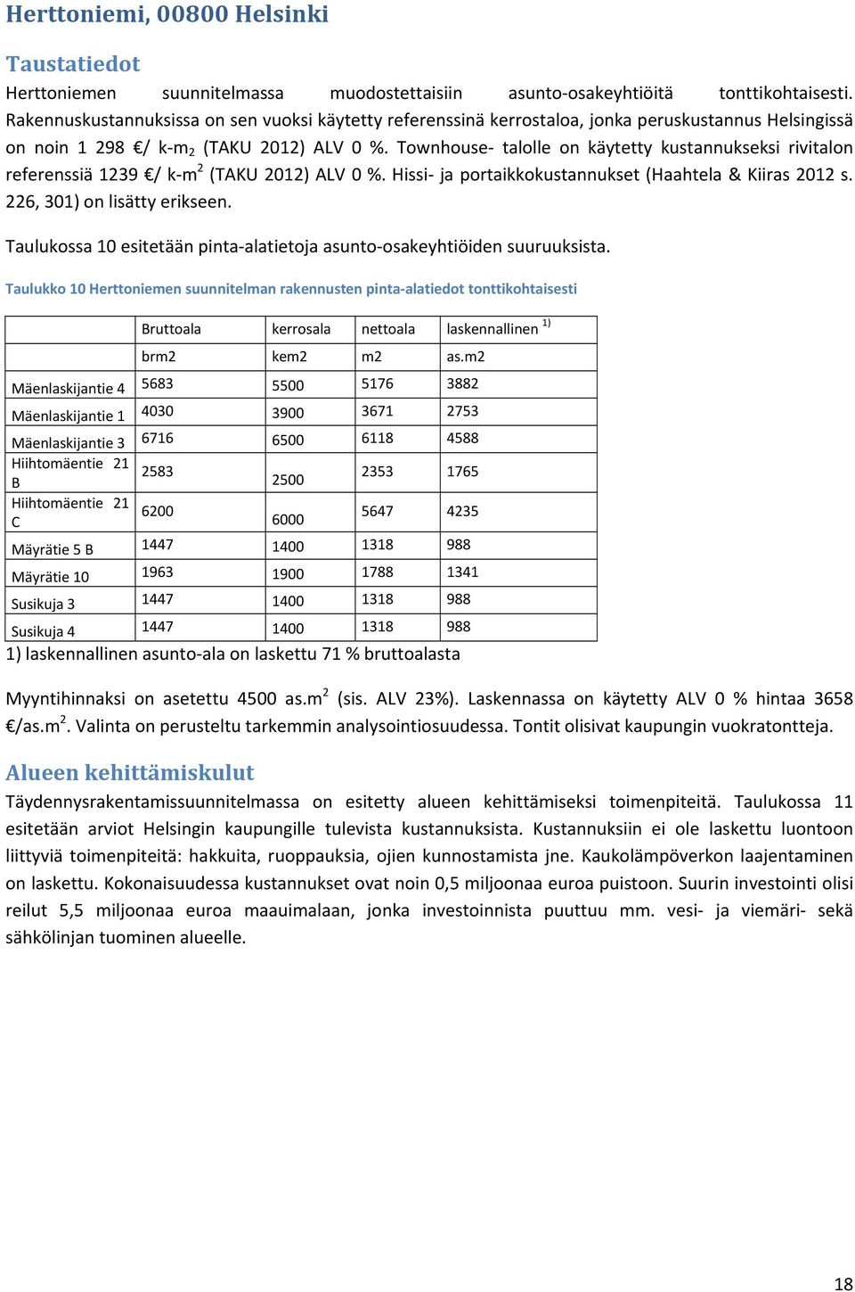 Townhouse talolle on käytetty kustannukseksi rivitalon referenssiä 1239 / k m 2 (TAKU 2012) ALV 0 %. Hissi ja portaikkokustannukset (Haahtela & Kiiras 2012 s. 226, 301) on lisätty erikseen.